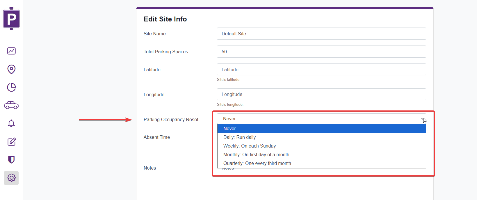 Parking Occupancy Reset Settings