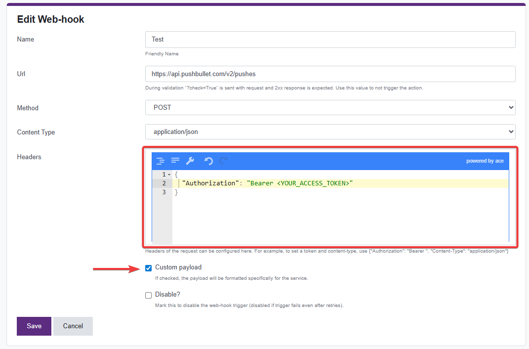 Webhook setup for Pushbullet